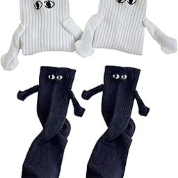 2 Pairs Funny Couple Magnetic Socks Holding Hands Big Eyes Decorative Black White Socks for Women and Men Novelty Sports Socks-image-2