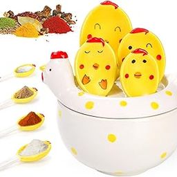 Tlence 5 Pcs Ceramic Measuring Spoons with Holder, Chicken Measuring Spoons Set in Pot, Cute Ceramic Hen Measuring Cups and Spoons for Salt Sugar Powder Wet Dry Ingredients, Kitchen Home Decorations-image-9