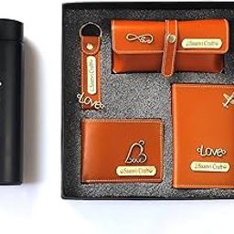 Dream Gift Glore Customized 5 in 1 Engraved 1 LED Flask Bottle, Passport Cover with Wallet, Eye Wear Case, and Metal Keychain Combo - Men's Combo Accessories, Personalised Gifts (Tan)-12