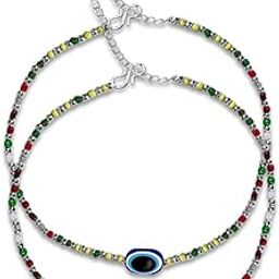 (1 Pair JAA0029-02 Multicolor Adjustable Round Pearl Beads/Stone Single Evil Eye Nazariya Suraksha Kavach Foot/Leg Payal/Pajeb Chain Anklets/Bracelet For Women's And Girl's-image-30