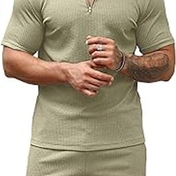 Men's Polo Shirt and Shorts Set | Summer Fashion Short Sleeve Solid Zipper 2 Pieces Outfits for Men-image-33