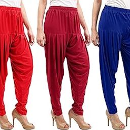 Combo Pack of 3 Cotton Viscose Dhoti Patiyala Salwar Harem Bottoms Pants for Womens Red Maroon Royal Blue-14