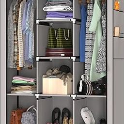 MY ARMOR 3-Door Foldable Wardrobe for Clothes, Wardrobe for Storage, Multipurpose Collapsible Fabric Wardrobe Organizer for Clothes, ABS Plastic, Fabric Cupboard - 8 Shelfes, 2 Hanger Cabinet Rack-image-11