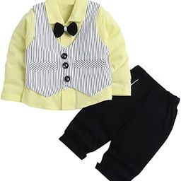 Boys Cotton Stripe Print Shirt Pant Set With Waistcoat In Yellow-image-14