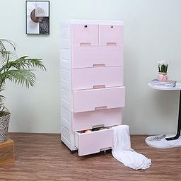 Plastic Chest of 7 Drawers for Kids | Pink Theme Multipurpose Organizer with 2 Locks | Dresser Cabinet for Toys & Clothing | Glossy Finish | 51L x 33W x 121H cm | Pink-15