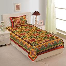 144 TC Cotton Comfort Rajasthani Jaipuri Traditional Sanganeri Printed Single Bedsheet with Pillow Cover (Orange)-6
