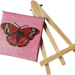 Mini Canvas Butterfly Painting with Wooden Easel Stand, Pink Background, 7.6 cm×7.6 cm, home decor-1