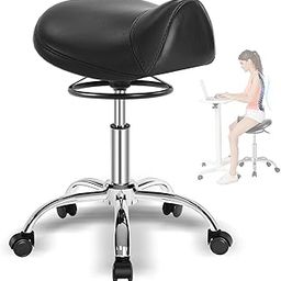 Saddle Stool with Wheels 400 lbs Weight Capacity, Heavy Duty Rolling Stool for Medical Massage Salon Kitchen Spa Drafting Nail-Tech,Height Adjustable,360 Swivel,Wide Thick Seat Padding（Black）-picture-2