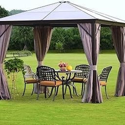 Invezo Outdoor Garden Gazebo 10 x 10 feet with PC Hard Roof Top, Zippered Mesh Netting, Double-Layer Privacy Curtains, Waterproof Sun Protection, Permanent Structure for All Weather-30