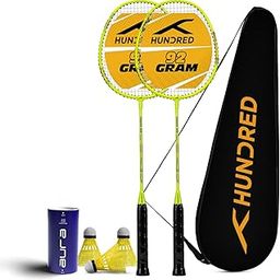 HUNDRED Powertek 200 (2 Strung Rackets with 1 Full Cover) with 3Pc Aura Nylon Shuttlecocks, Badminton, Neon Green-3