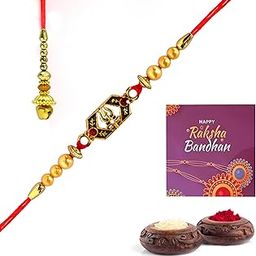 Traditional Lumba Rakhi Set with Trishul Design, Gold-Plated Beads, Red Thread, Greeting Card, Roli Chawal, Religious Festival Accessory-image-39