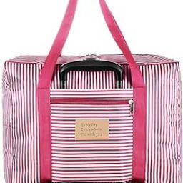 Travel Foldable Portable Lightweight Luggage Storage Duffle Tote Hand Organizer Easy Carry Bags Backpack Set for Men Women Travel Luggage (Pink Striped Travel Bag)-image-0