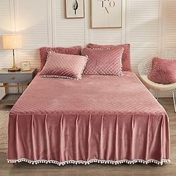 LIFEREVO Luxury Pom Poms Velvet Bed Skirt, Velvet Wrap Around Bed Skirt, Diamond Quilted Fitted Bed Sheet Bedskirt, 18 Inch Drop Dust Ruffle Decorative Bed Skirt Pompoms Fringe(Full/Queen, Old Pink)-image-47