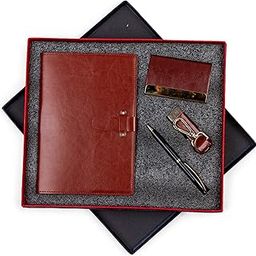 Cubic Combo Gift Box A5 Size Tan Flexi Notebook with Flap (215), Brown Visiting Card Holder, Keychain and Oliver Pyra Ball Pen-image-35