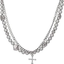 MIRE SERENITY Two Layer Necklace with Titanium Steel Chain & Fusion Cuban Pearls & Cross Pendant- For Men - Size 18inch-99