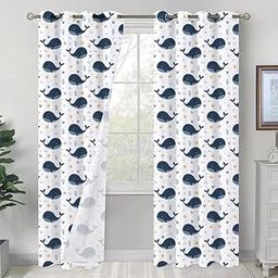Whale Pattern Blackout Curtains, Grommet Top Door Panels with Starfish Design, White and Navy Blue, 2 Panels, 7 Feet (N)-image-64
