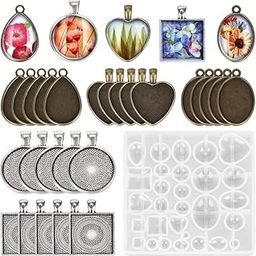 HASTHIP Resin Molds Set Pendant Trays Diy Jewelry Making Resin Molds Set,30Pcs 5 Styles Metal Pendant And 1 Pc Silicone Epoxy Jewelry Casting Molds For Pendant Crafting Diy Jewelry Gift Making,Clear-picture-9