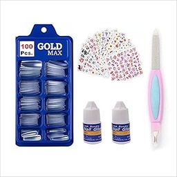GOLD MAX 100 Pcs. Transparent Artificial Nails, 6 Pcs. 3D Colorful Nail Stickers,2 Pc Nail Glue, 1 Pc Nail Filer-17