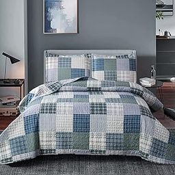 Plaid Quilt Set Full/Queen Size Patchwork Quilts Bedding Plaid Reversible Bedspread Coverlet Soft Lightweight Bed Cover Set All-Season, 1 Quilt with 2 Pillow Shams-image-67