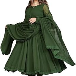 Olive Green Flared Anarkali Dress with Lace Detailing Suit Set-image-18