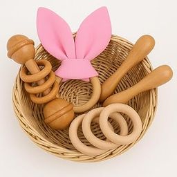 Litilish Baby Teether Combo Pack of 4 – Organic Neem Wood Teether, Ring, Rattle, Ring with Bunny Ear Cloth, Dumbbell Nibbler – Safe Natural Teething Toys-image-11
