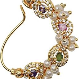 Traditional Gold-Plated Maharashtrian Nath, Multicolour Stone and Pearl Nose Ring, Bridal Wedding Jewellery-image-32