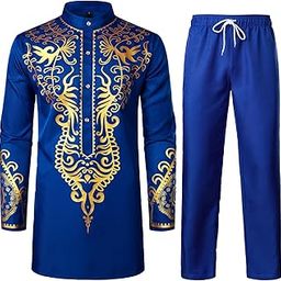 Men's Africa Suit Long Sleeve Print Dashiki and Pants Outfit Traditional 2 Piece Set-image-8