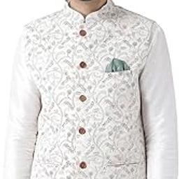 Men's Nehru Jacket, Black Jacquard, Floral Regular Fit Mandarin Collar Sleeveless-picture-31
