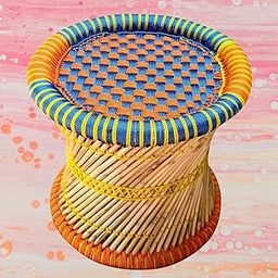 Rajasthani Handmade Bamboo mudda/Stool/Chair for Living Room/Office/Home for Indoor/Outdoor Garden 15X15 Set of-1 (Orenge-Blue Colour)-image-63