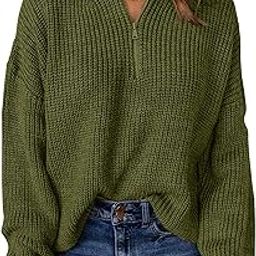Women's 2025 Long Sleeve Chunky Knit Sweaters 1/4 Zip Polo V Neck Casual Pullover Tops-image-62