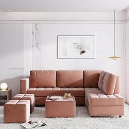 FURNY Diamond 8 Seater RHS Fabric L Shape Sofa Set with 1 Centre Table & 2 Puffy (Pink)-image-25
