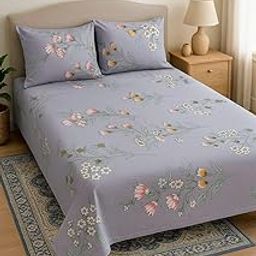 Floral Print Bedsheet with 2 Pillowcase Set with Duvet Cover and 2 Pillowcases, Grey with Pink and White Flowers, Double Size-16
