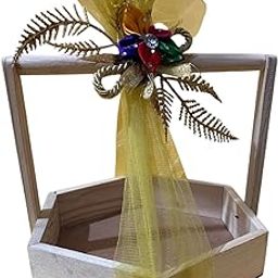 Vayu Art & Crafts Pine Wood Hexagonal Shape Gift Hamper Basket | For Gifting and Home Decor Wedding/Event With Net Flower Decoration Size 20x20x4.5 CM-17
