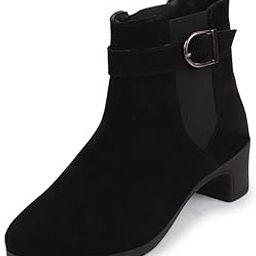 Women's Flared Heel High Ankle Suede Leather Classic Winter Buckle Strap Chelsea Boots-image-90