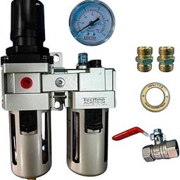 1/2" Pneumatic FRL Unit Air Filter, Regulator, and Lubricator Unit with Metal Guard, Pressure Gauge, 1/2" Ball valve and connector, Teflon tape for Compressor use.-21