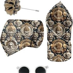 Vintage Vigenttes Printed Tie and Pocket Square Set with Cufflink and Matching Flower Lapel Pin-picture-0