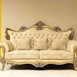 COZYDOR Wooden Luxury Victorian Style Tufted Sofa, Cream Upholstery with Gold Carved Frame, 3 Decorative Cushions-image-19