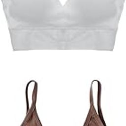 LICHTS®Women V Neck Padded Bralette Spaghetti Straps White+Khaki-image-36