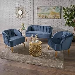 ZARA TRADING COMPANY 3-Piece Velvet Living Room Set, Channel Tufted Sofa and Chairs, Purple with Wooden Legs (Blue)-image-42