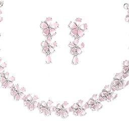 Rhodium Plated Silver Toned White American Diamond Studded Flower Shaped Jewellery Set For Girls and Women-5
