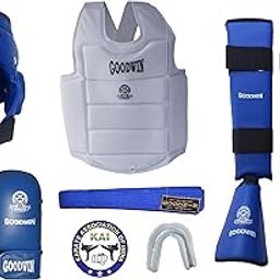 Kai Approved Goodwin Karate Safety Kit - Pack of - Head Guard, Chest Guard, Shin Guard, Hand Gloves and Belts (Blue, Large)-image-62