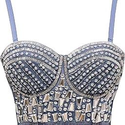 Women Rhinestone Denim Push Up Bustier Corset Crop Top-image-19