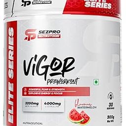 Sezpro Nutrition Vigor Pre Workout | 300gm | 30 Servings | 300mg Caffeine | 200mg Theanine | 3200mg Beta Alanine | 4000mg Citrulline | Powerful Pump & Strength | Explosive Energy & Focus (Watermelon)-32