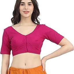 Women's 100% Cotton Saree Blouse (Bra Size Fitting) Front Open with Hook Half Sleeve Extra STITHC Margin INSDIE Seam SOLOID Colour 09A Plum Size (40),Pink-image-86