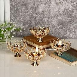 Collectible India Diwali Diya Crystal Round Akhand Diya for Puja Brass Small Kamal Deep Jyoti Oil Lamp for Home Temple Pooja Decor Gifts Pack of 4-image-29