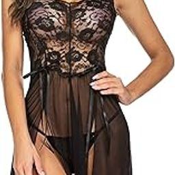 Women's Lace Double Slit Babydoll Lingerie with Panty-image-8