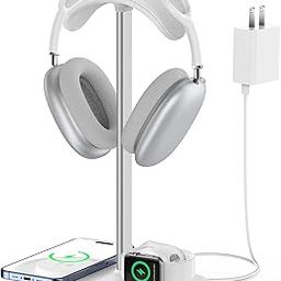 HiWe 3-in-1 Headphone Stand - Universal Desktop Gaming Headset Holder with Wireless Charger for Phones/AirPods/iWatch, Aluminum Alloy Rod, Leather Pad, ABS Solid Base, White-16