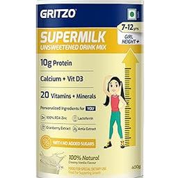Gritzo Supermilk Height+ Unsweetened Drink Mix For 7-12 Yrs Girl (400g, Creamy Vanilla)-image-41