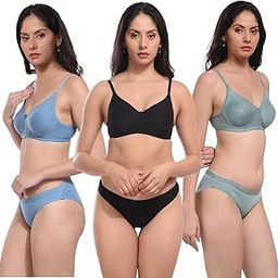 Women Cotton Bra Panty Set for Hipster Lingerie Set Women Lightly Non Padded Full Coverage Lace Bra and Panty Set Multi--image-95