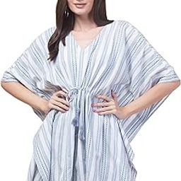Women's Cotton Kaftan Top with V-Neck & Drawstring Waist | Relaxed Fit | 36-Inch Length-42